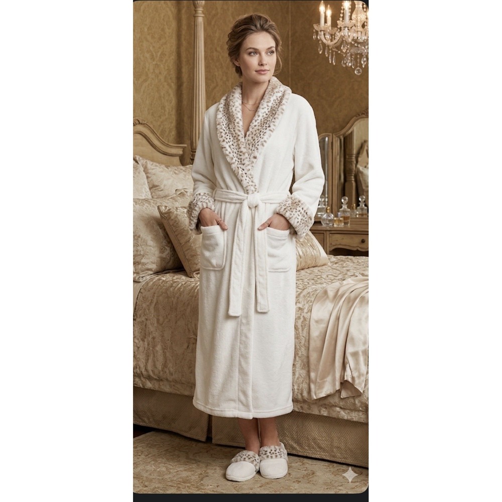 CAROLE HOCHMAN Women Luxuriously Soft Plush Wrap Robe(IVORY Beige ANIMAL XL/NWT